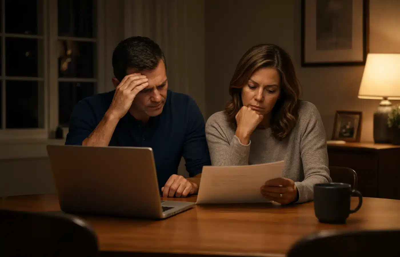 A couple at their dining table in the evening reading a lender letter together with a laptop open