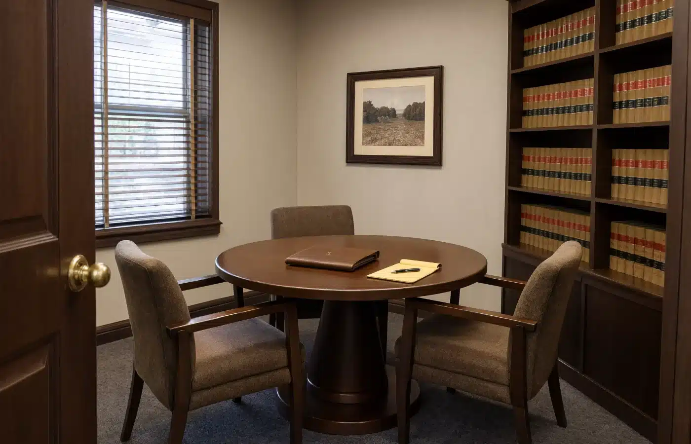 An empty small-firm law office conference room with a round table, three chairs and a closed file