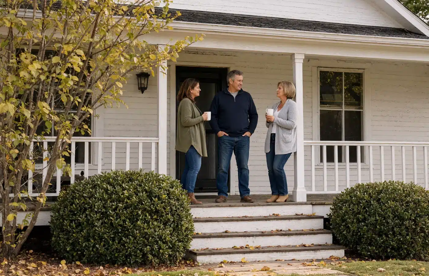 Three adult siblings talking together on the front porch of their late parent’s white farmhouse