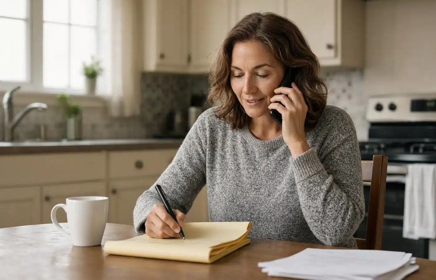 A homeowner at her kitchen table taking notes on a legal pad during the first call about donating a property
