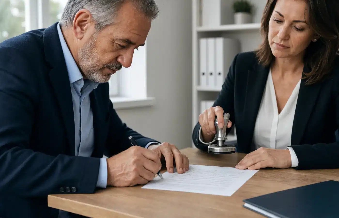 A donor signing the deed while a notary holds the embosser ready beside the page