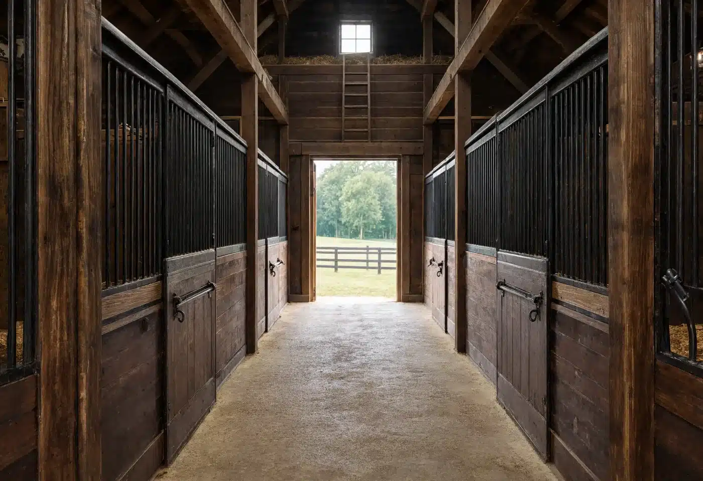 The swept aisle of a boarding stable with empty stall fronts in dark timber and black grillwork