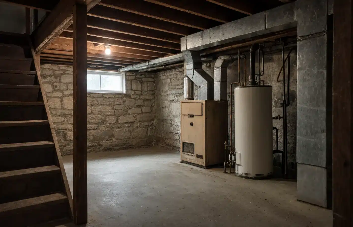 A dry unfinished basement with an older gas furnace and water heater in a house needing major repair