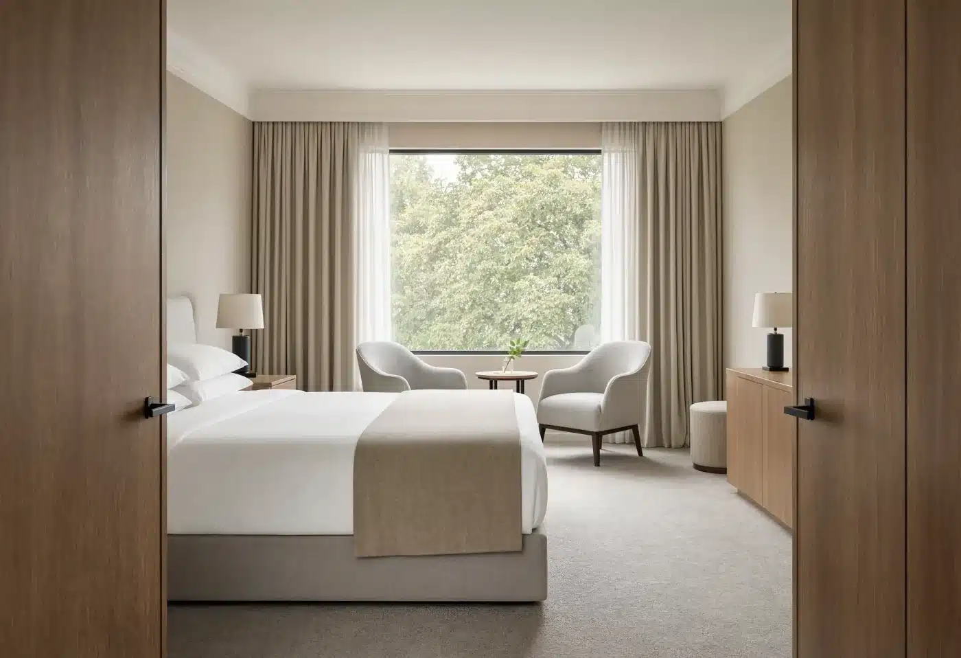 A made-up hotel suite with a king bed and a seating area by the window, the kind of condo-hotel unit donated to charity