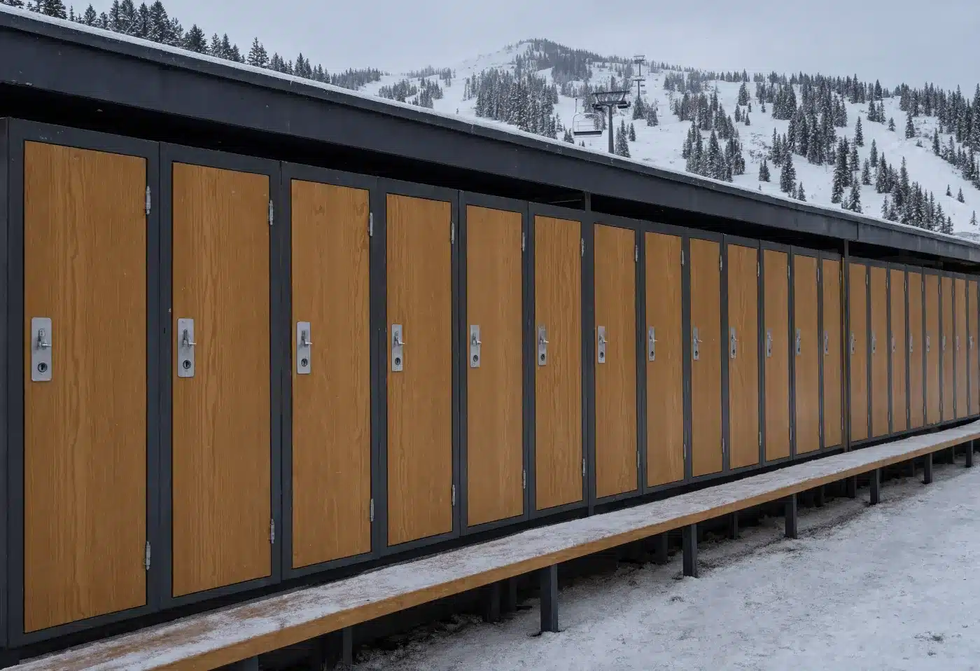 A row of deeded ski lockers with timber fronts at the base of a mountain in winter