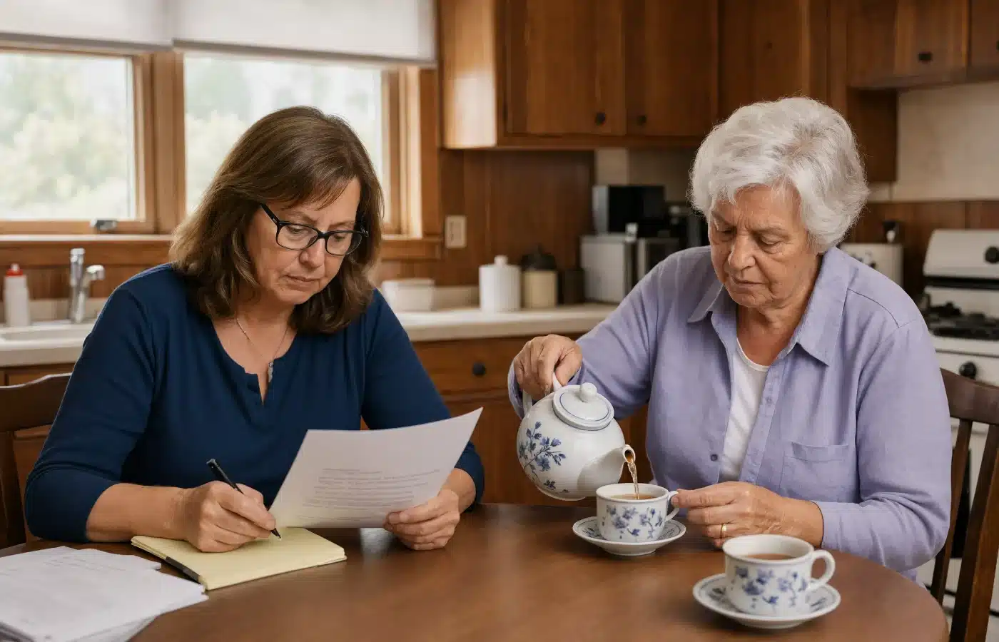 An adult daughter reviewing a reverse mortgage loan statement at the kitchen table while her mother pours tea