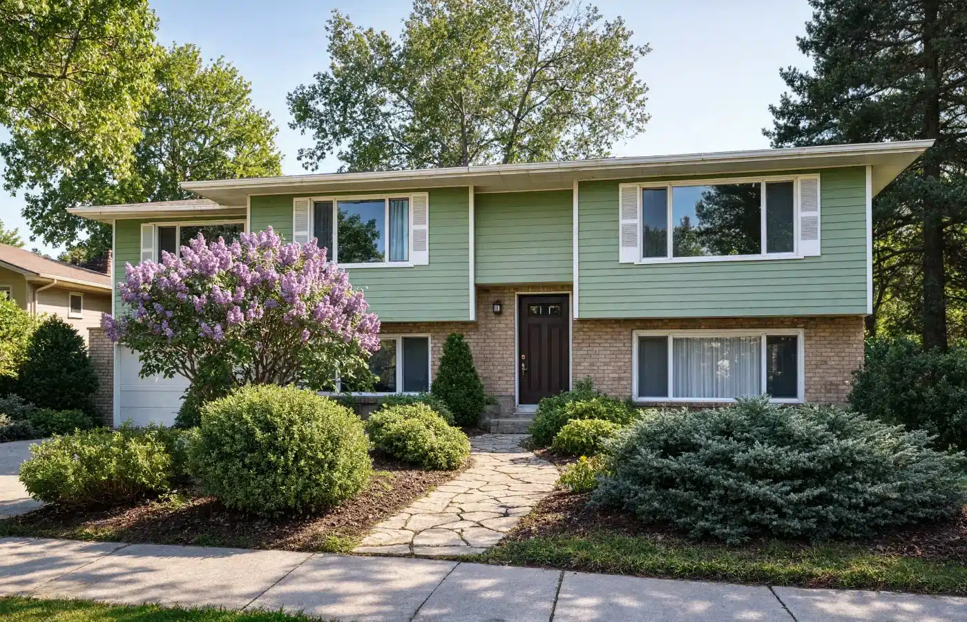 A well-kept 1960s split-level house with a flagstone walk and lilacs in bloom