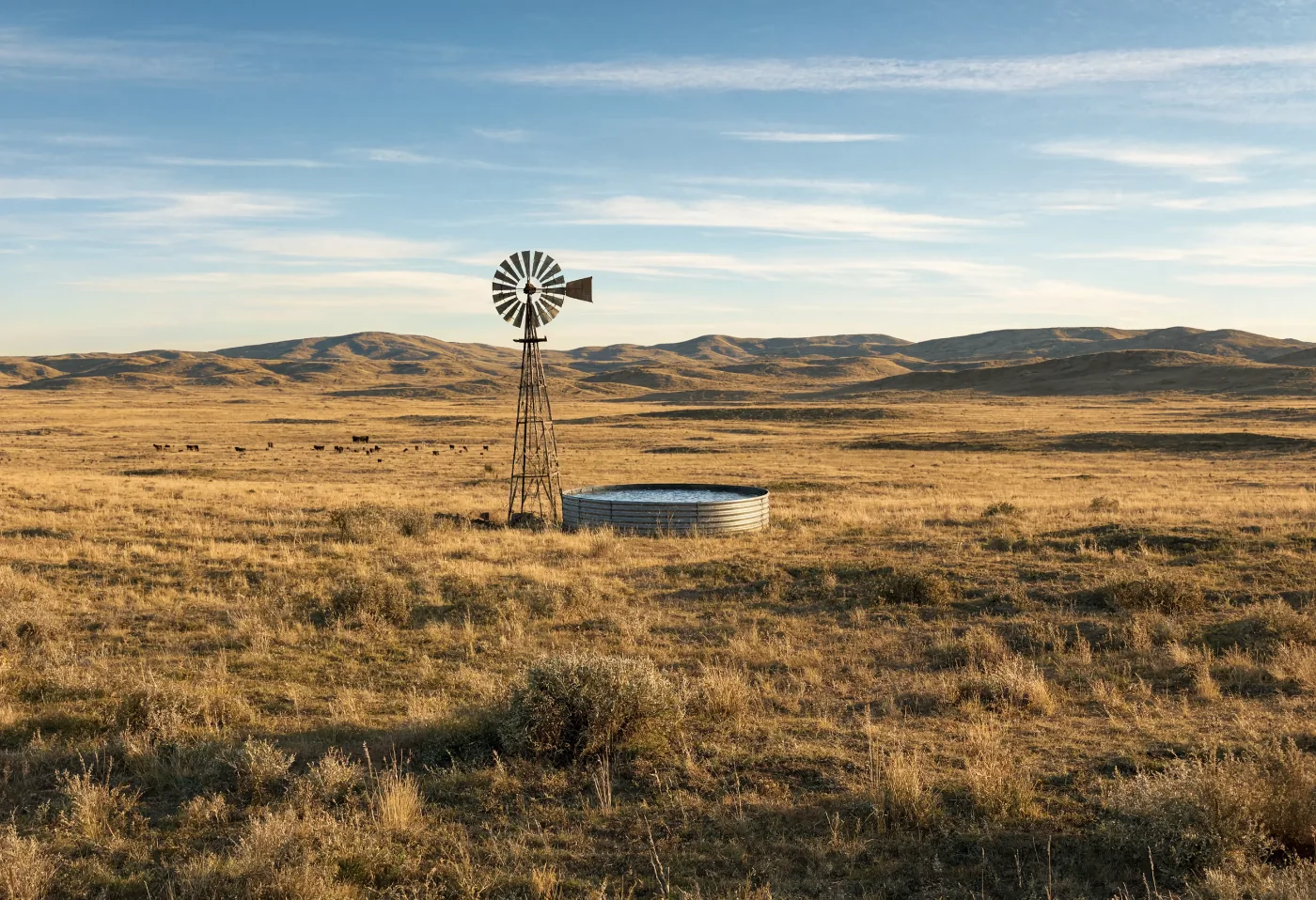 A windmill and full stock tank on open grazing range with cattle in the distance