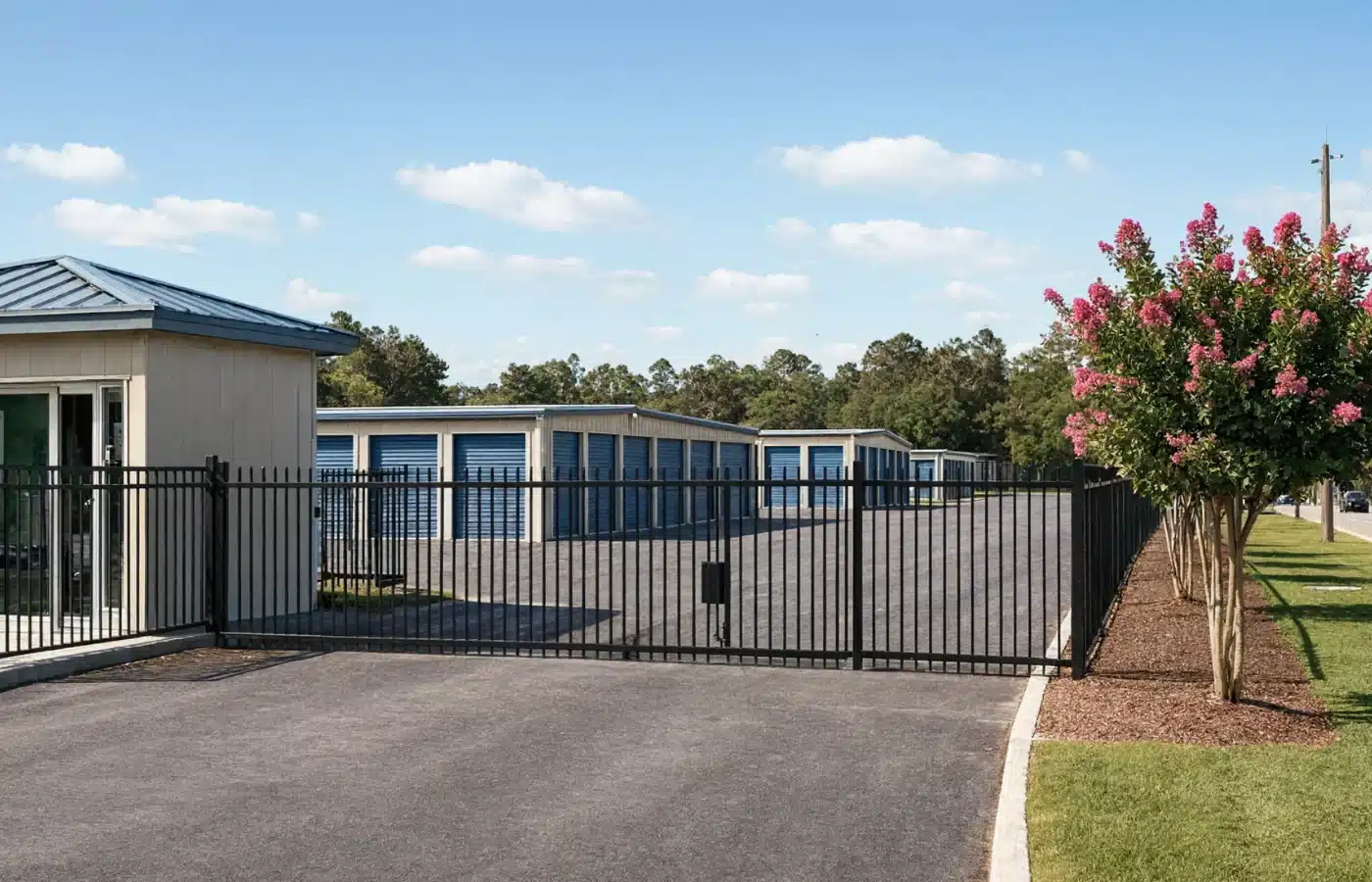 The gated entrance of a self-storage facility with the office at left and a long run of blue drive-up doors