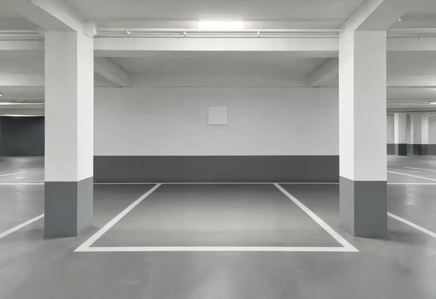 An empty deeded parking space marked out in a clean concrete garage between two columns