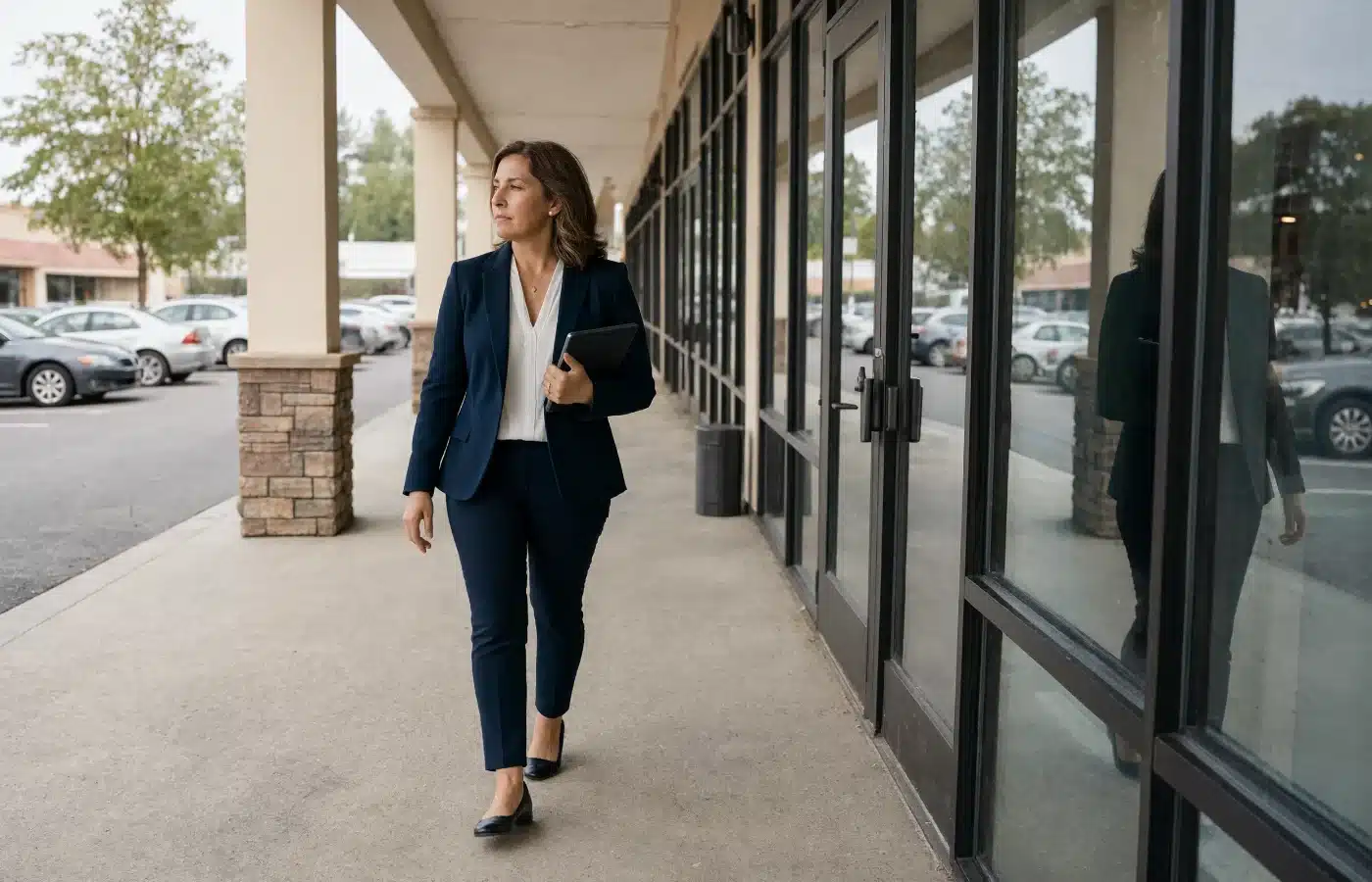 A property manager with a tablet walking the covered sidewalk of a strip retail center