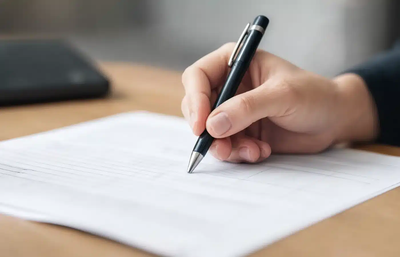 A hand holding a pen over a printed worksheet with a blank calculator beside it