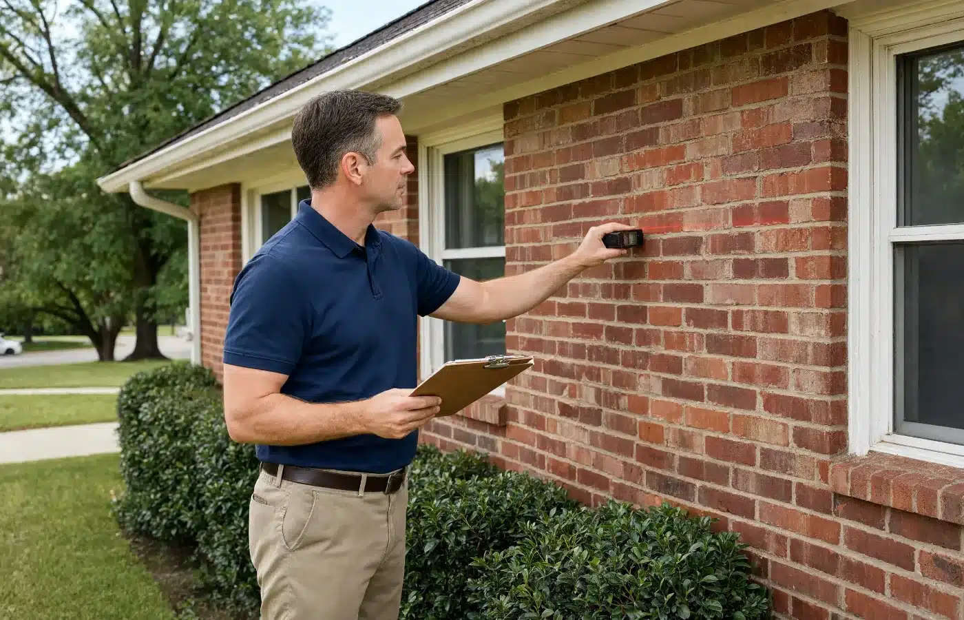 A certified appraiser measures the side of a brick ranch house with a laser distance measure