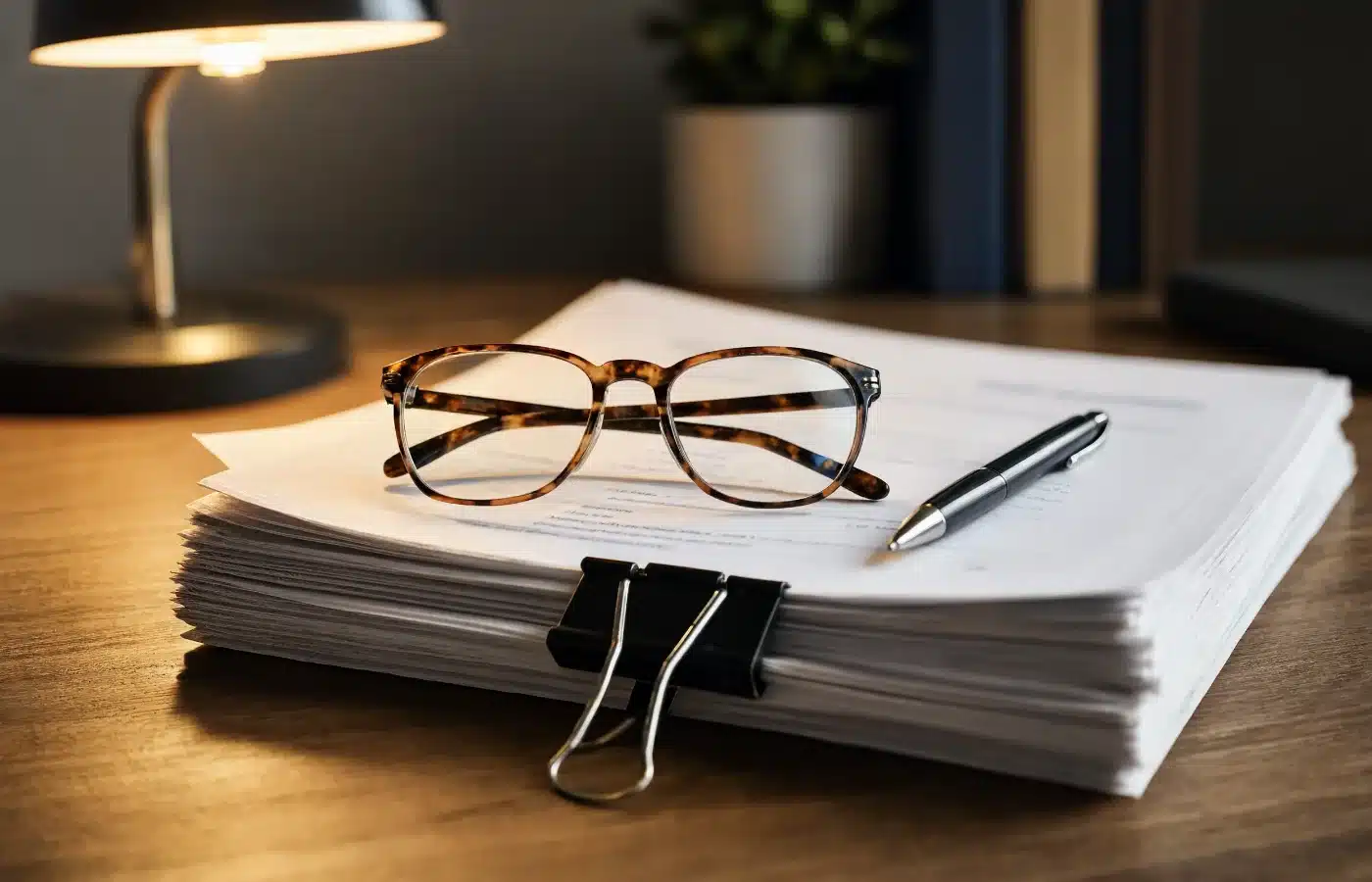 A thick tax return packet held with a binder clip, reading glasses and a pen resting on top