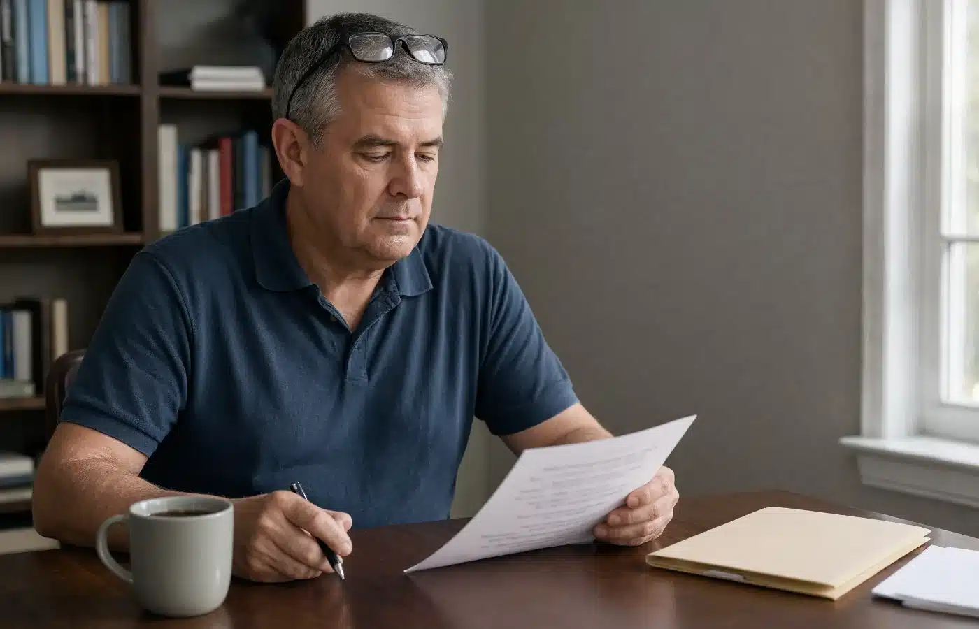 A homeowner at his desk reading a single page about his property donation deduction, pen in hand