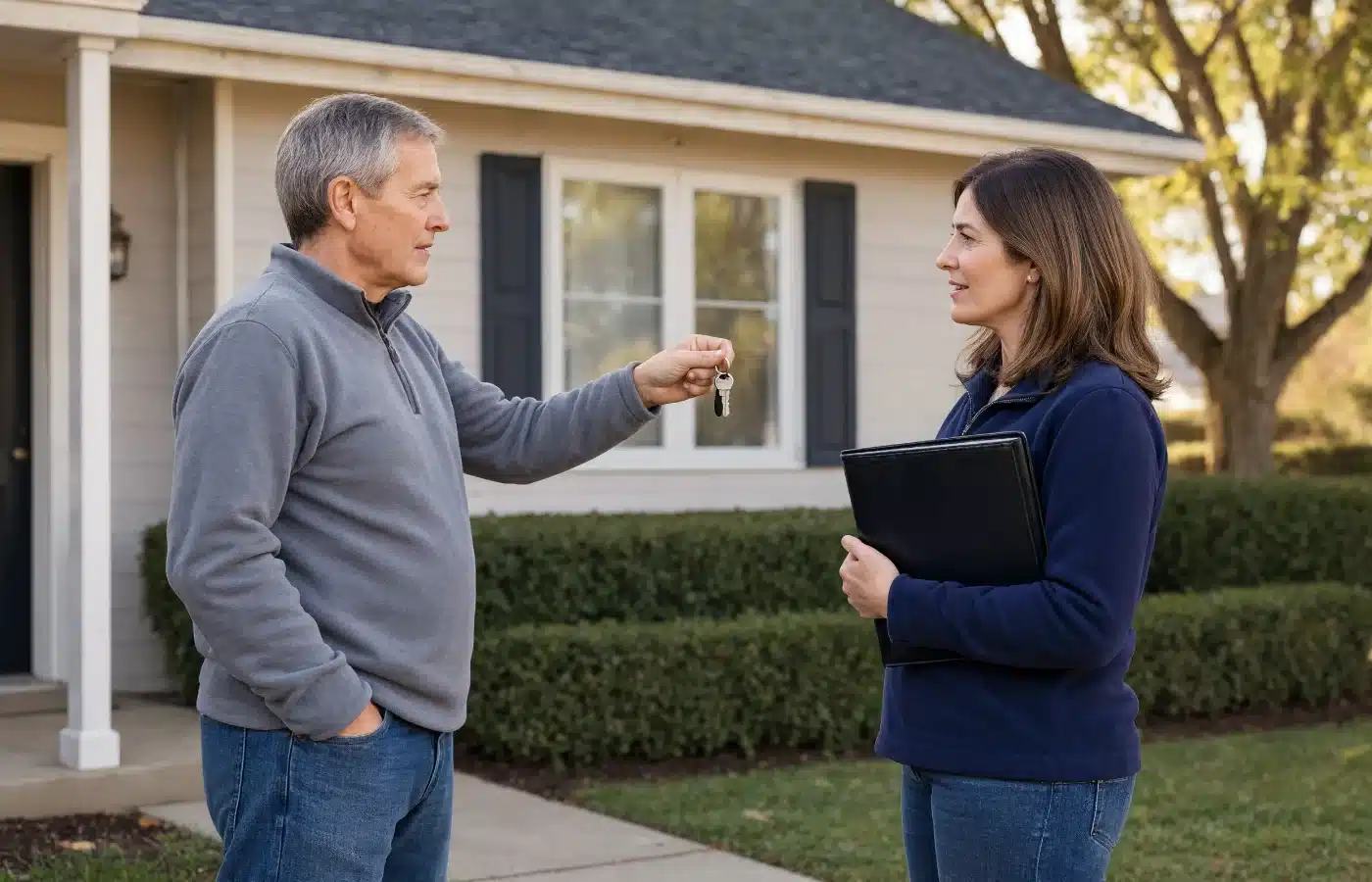 A landlord handing a ring of keys to a property manager outside a small rental house