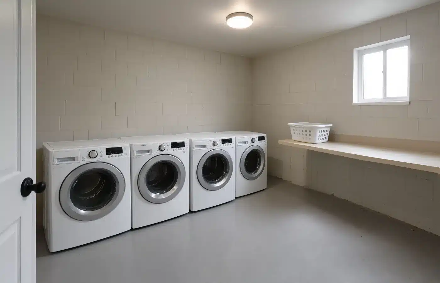 The shared basement laundry room of a small, well-maintained fourplex rental property