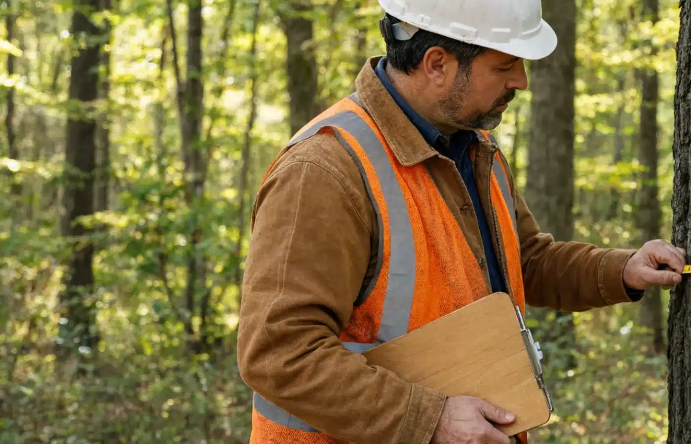 A consulting forester in a hard hat and safety vest measuring the diameter of a large oak with a tape, a clipboard under his arm