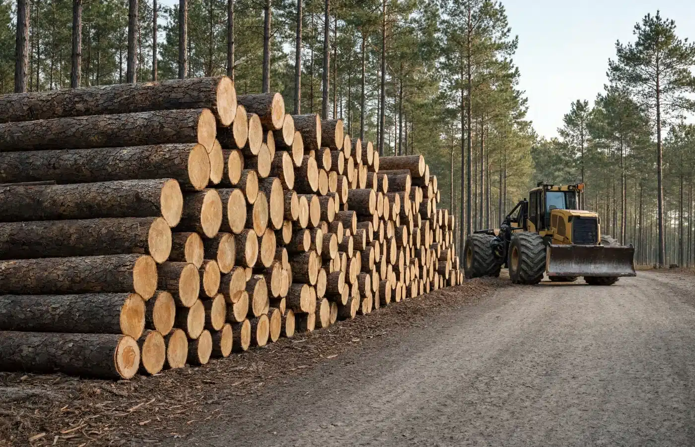 A deck of freshly cut pine sawlogs stacked at a log landing beside a forest road, with a skidder parked behind