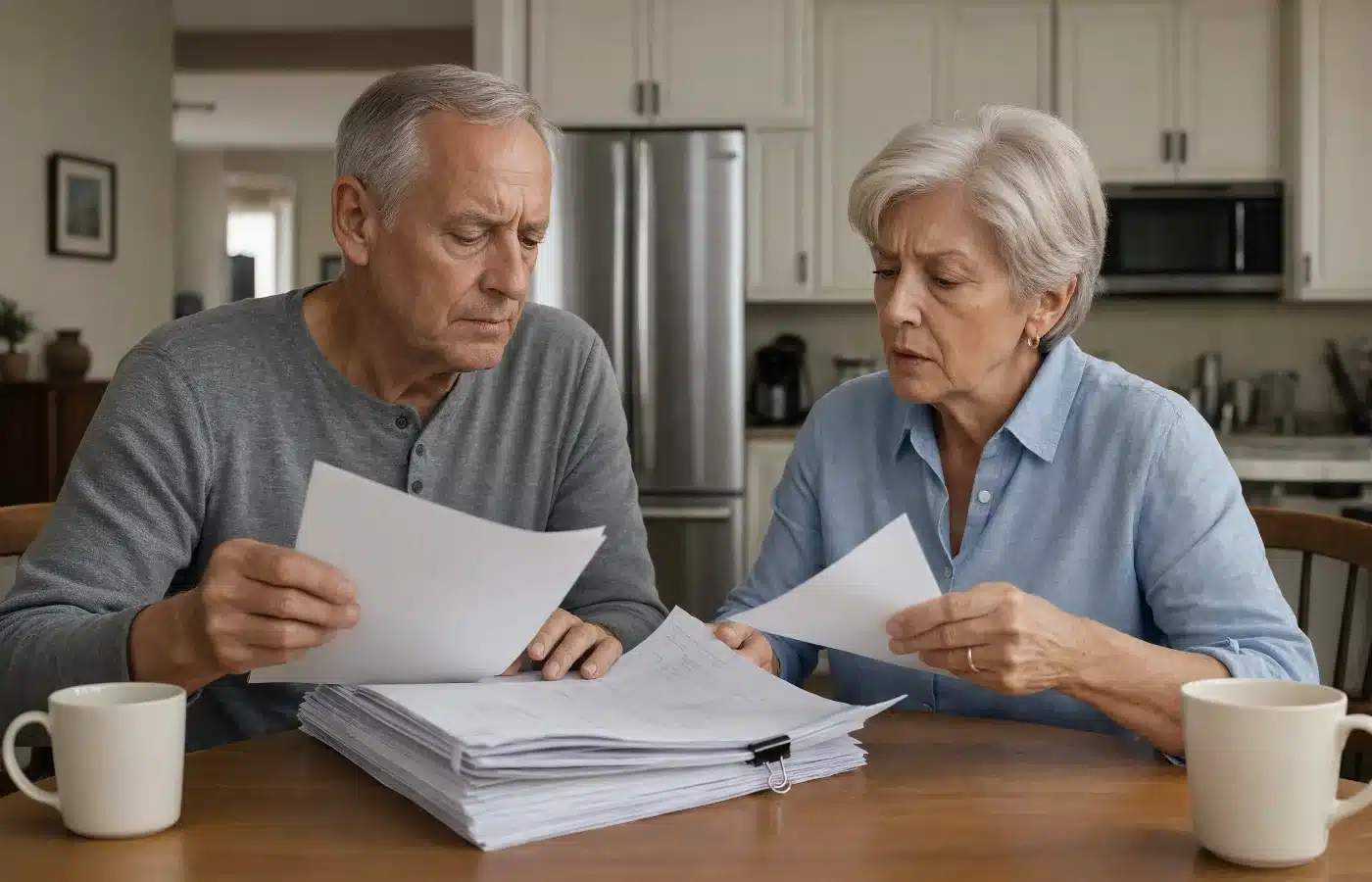 A retired couple at their kitchen table going through resort paperwork and annual maintenance fee statements