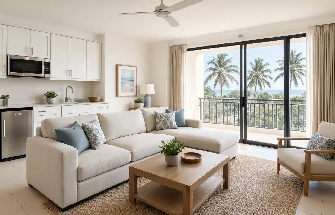 A resort condo living room with a beige sectional, a small kitchenette and a balcony door open to palms and ocean