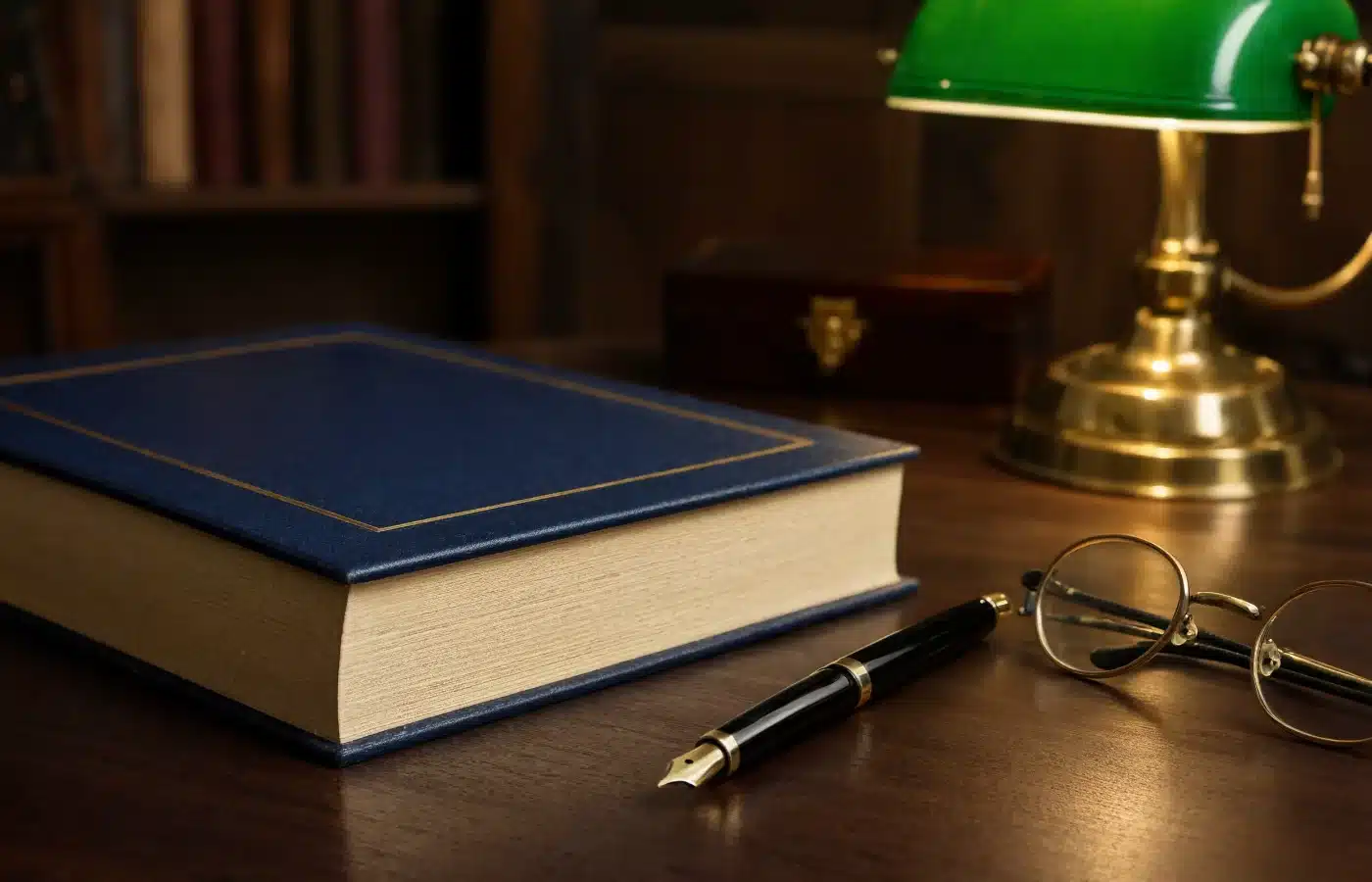 A bound trust document with a navy cover on a mahogany desk beside a fountain pen and reading glasses