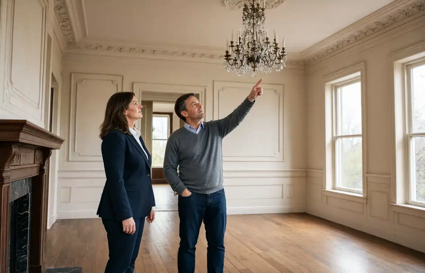 A trustee and a family member walking through the empty formal dining room of a house held in trust