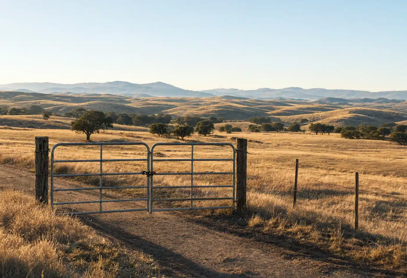 A closed field gate at the end of a dirt track opening onto rolling grassland with no road beyond