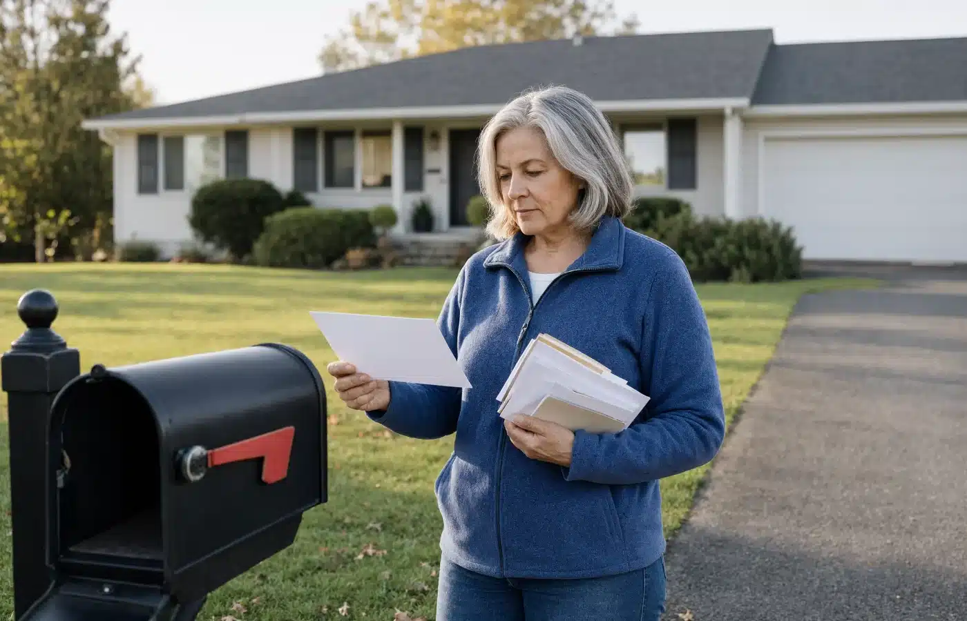 A woman at her mailbox reading a property tax notice with a stack of mail under her arm