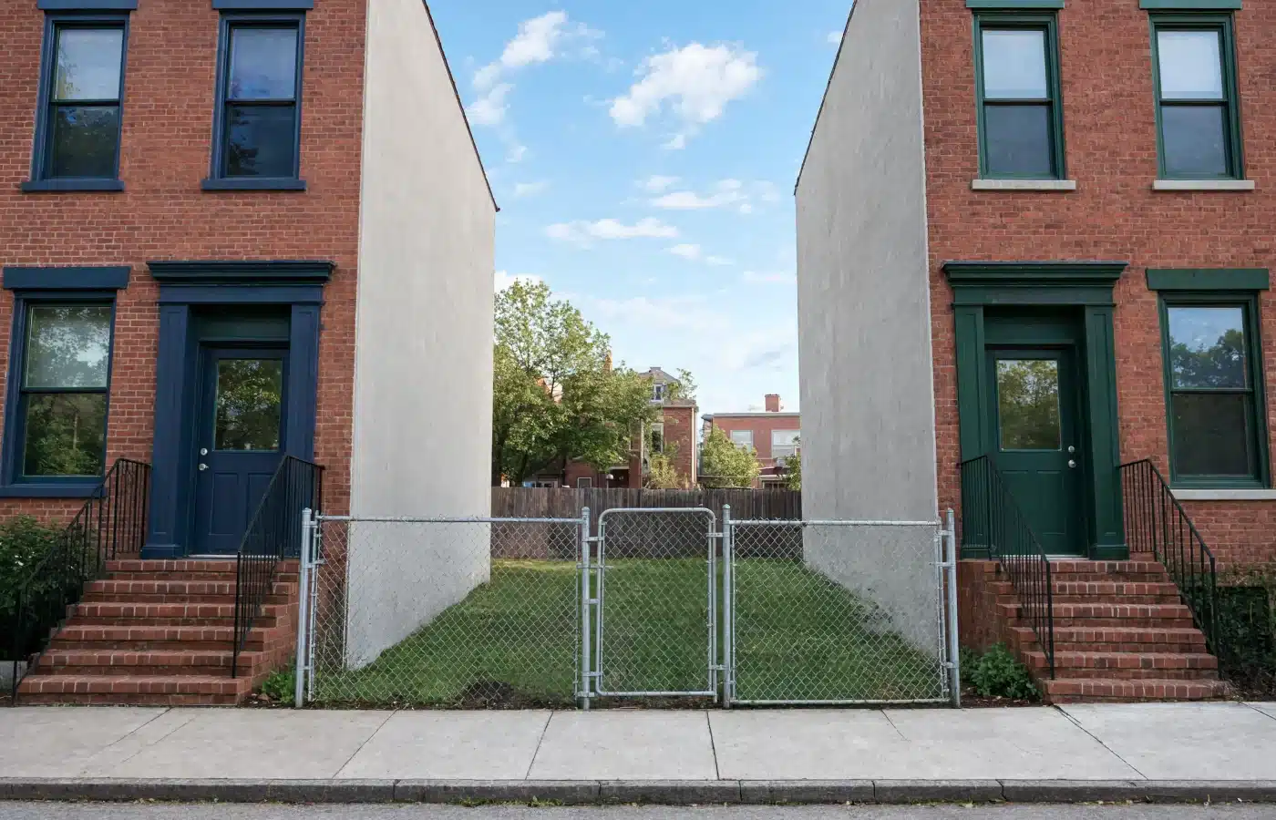A narrow infill city lot of mowed grass behind a chain-link fence between two brick row houses