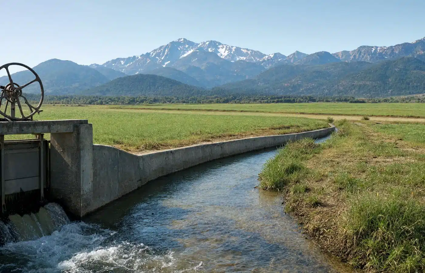 A concrete irrigation headgate and lined ditch carrying water into an irrigated hay field below snowy peaks