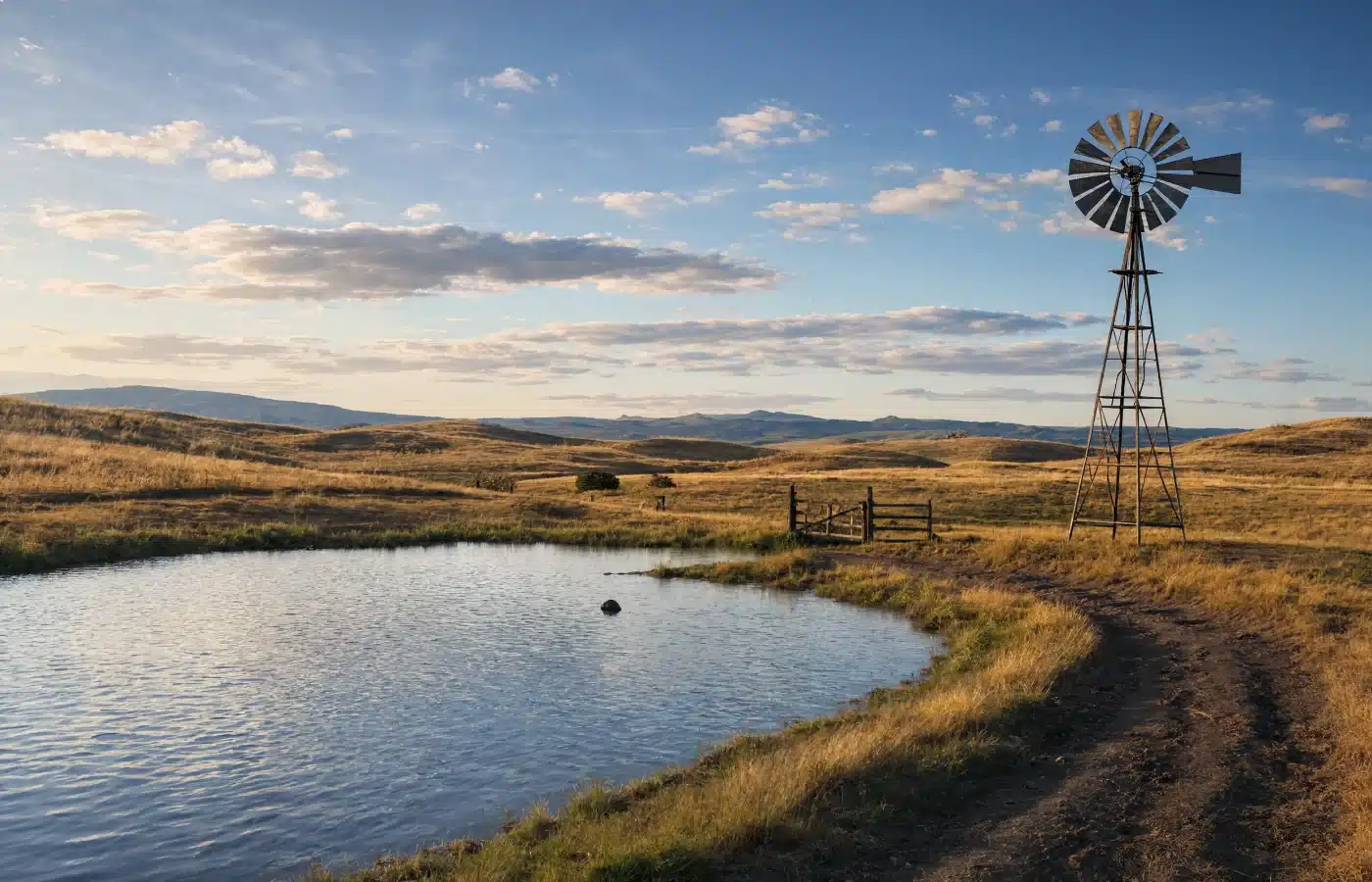 A windmill beside a full stock pond on open rangeland at last light