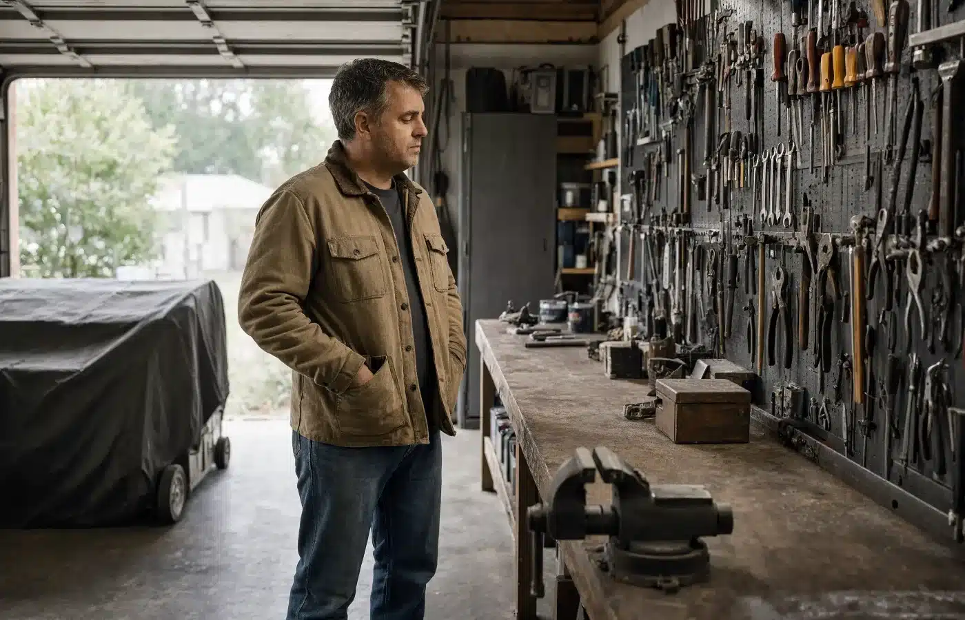 An adult son looks through his late father's orderly garage full of hand tools