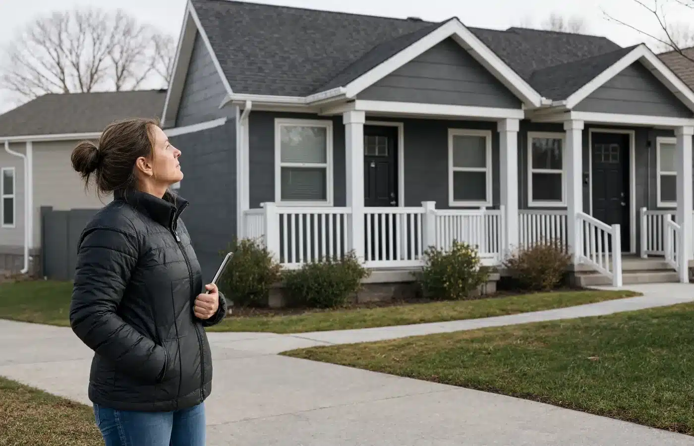 A real estate investor stands on the sidewalk, assessing the roofline of a small rental duplex