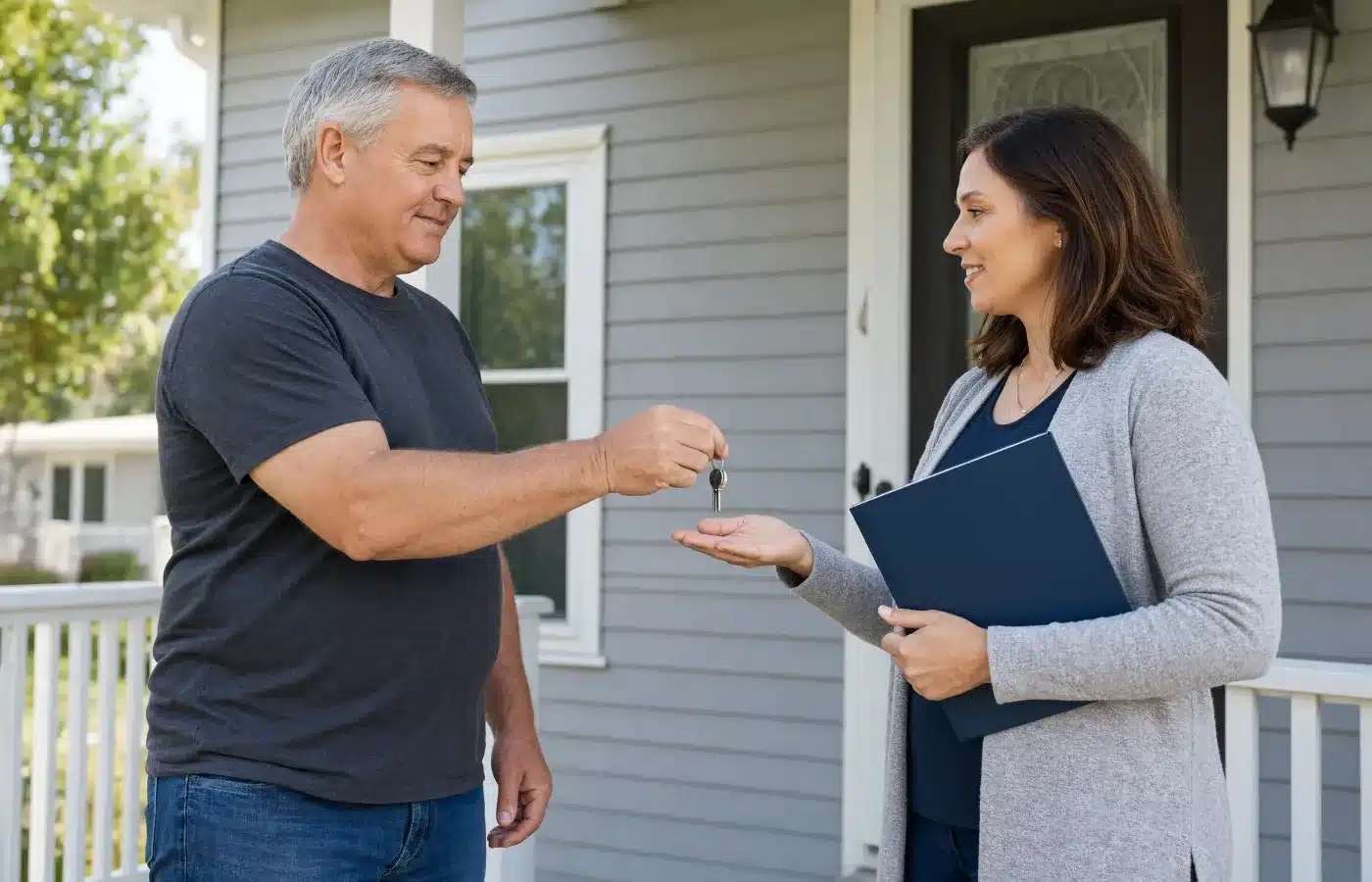 A homeowner hands a ring of house keys to a charity representative on the front porch