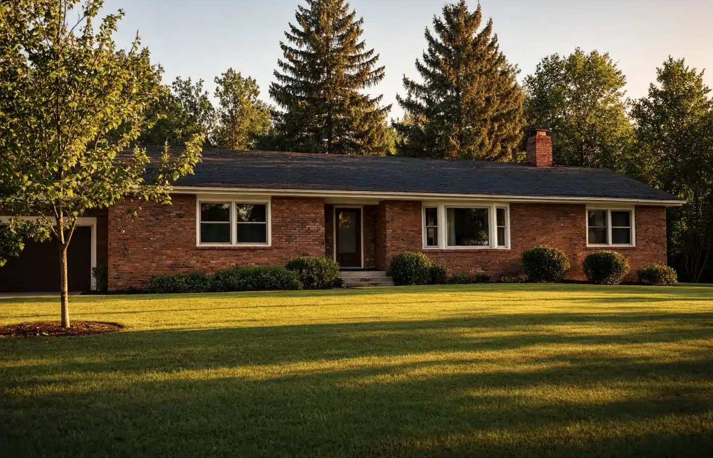 An empty brick house at golden hour, its chapter with its owner ended well